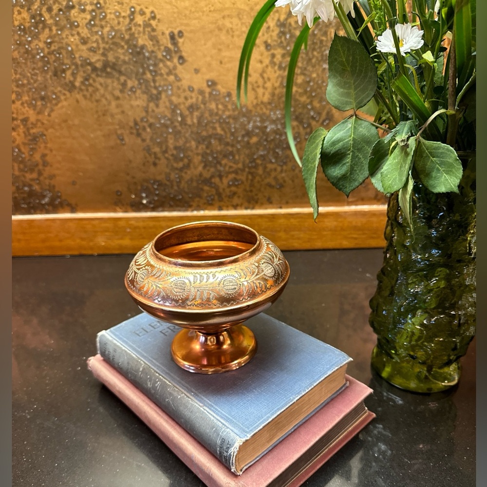 Etched Copper Pedestal Vase Pot